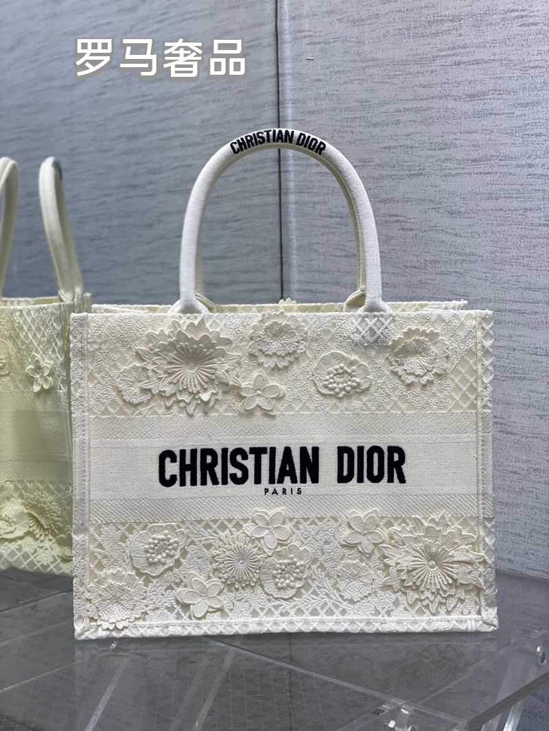 Christian Dior Small White Book Tote Bag with 3D Floral Embroidery