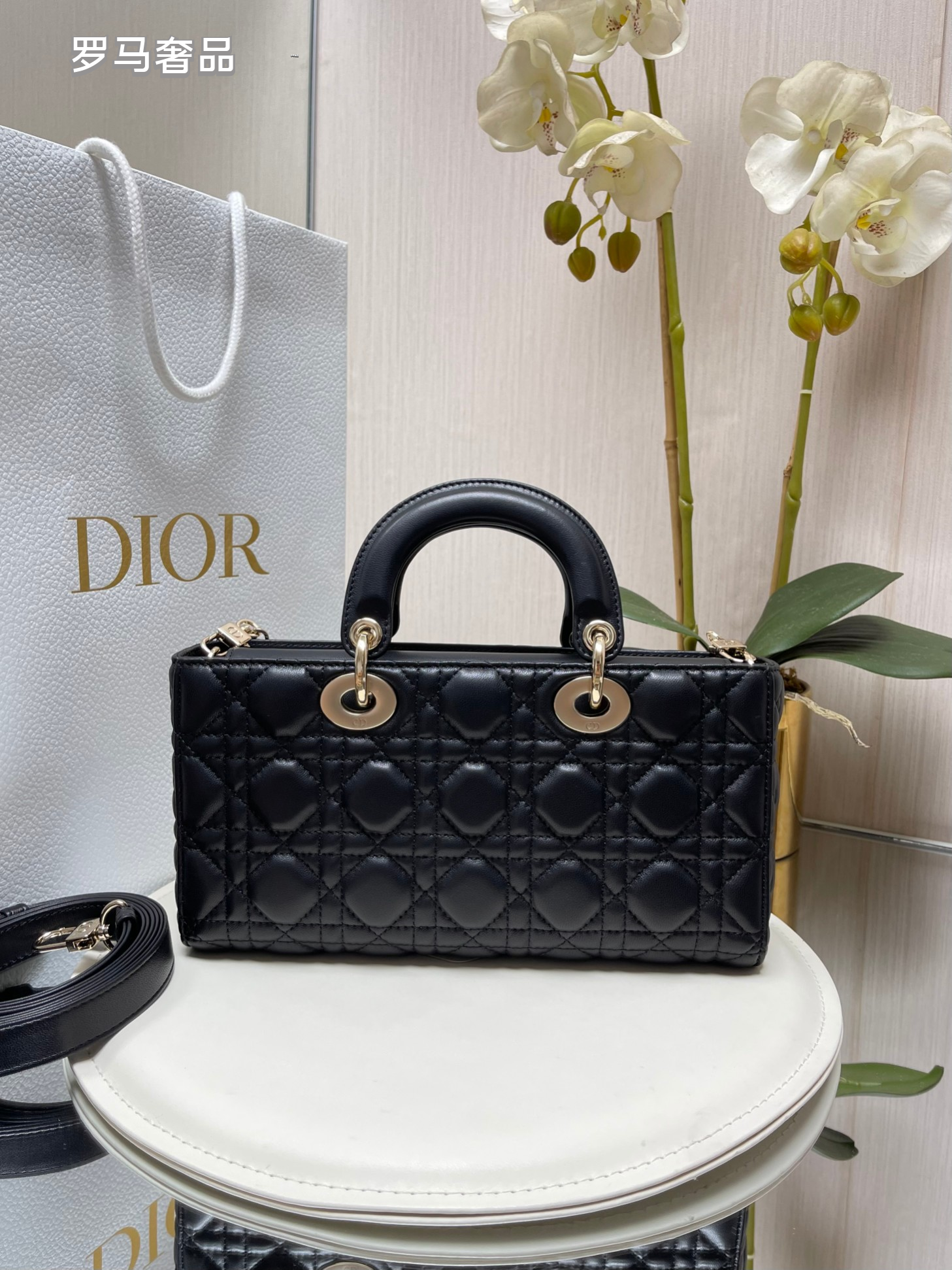 Christian Dior Lady D-Joy Bag - Black Cannage Lambskin with Gold-Finish Metal Charms