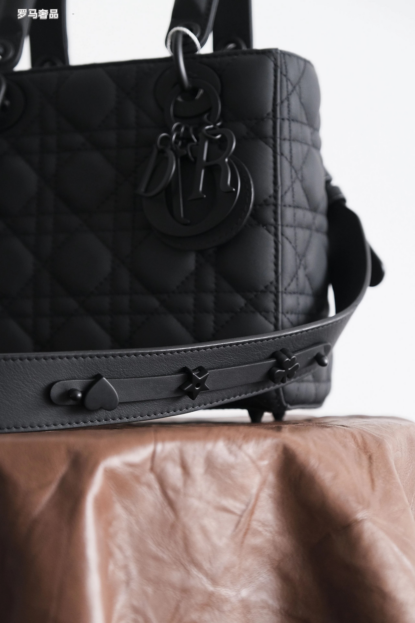 Lady Dior Style Ultra Matte Black Quilted Handbag with Shoulder Strap