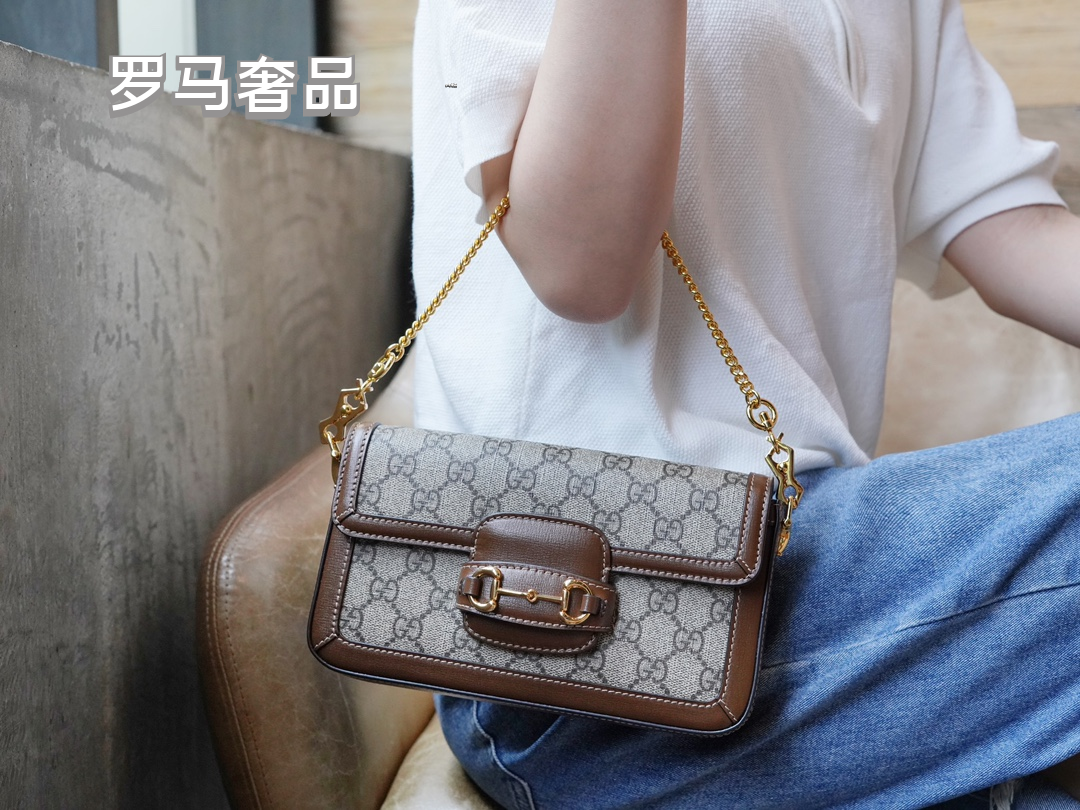 Gucci Horsebit 1955 Mini Shoulder Bag in GG Supreme Canvas with Brown Leather Trim