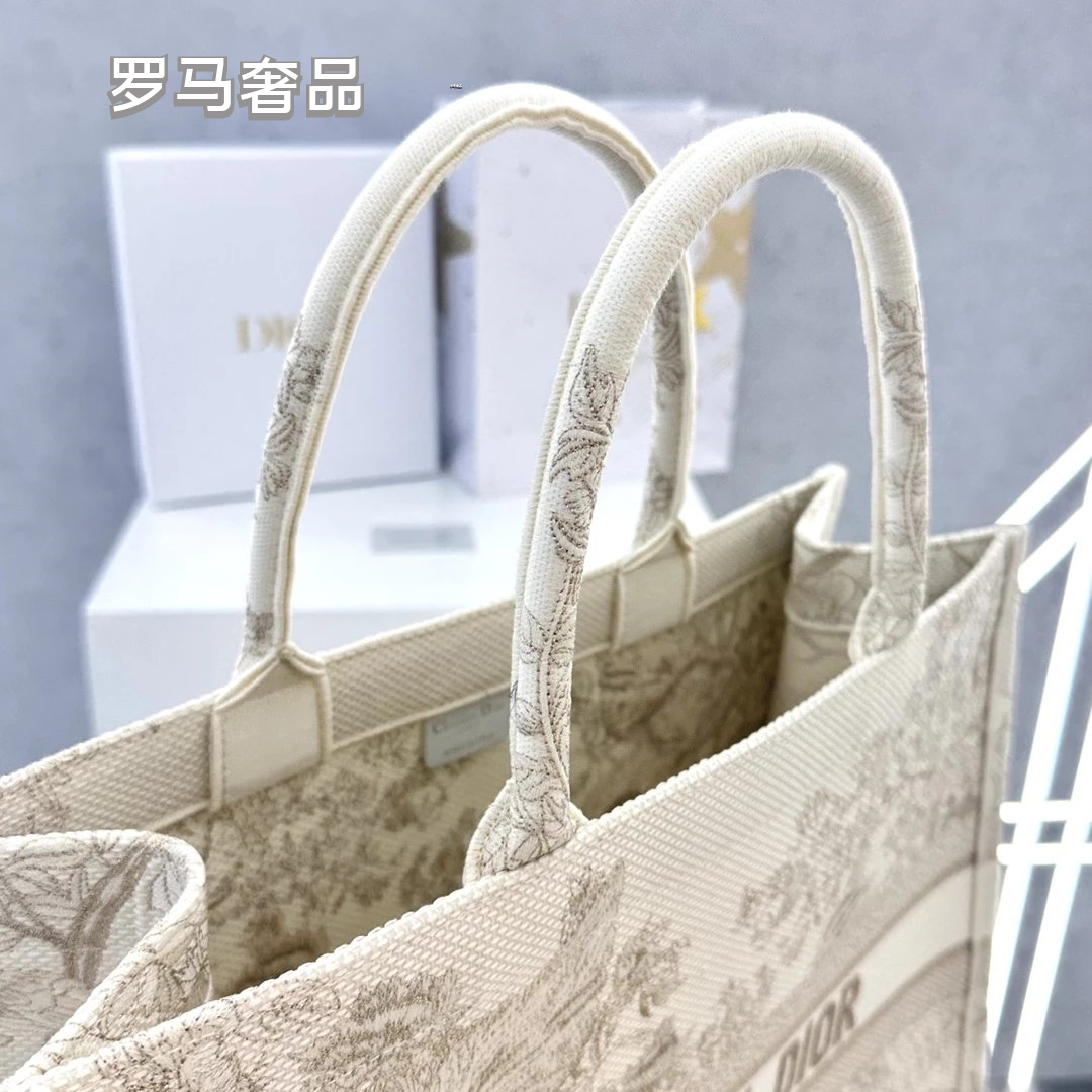Christian Dior Book Tote Toile de Jouy Canvas Bag - Large Beige/Grey