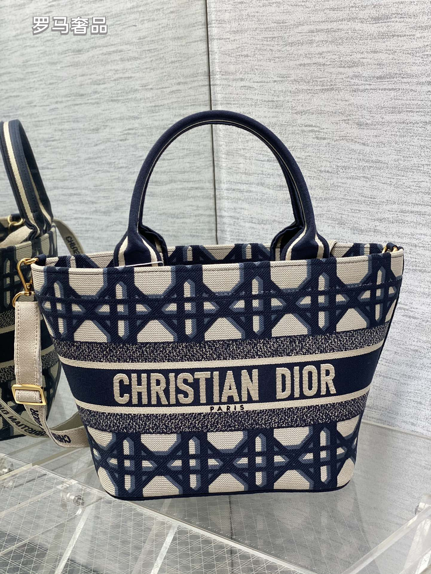 Christian Dior Oblique Canvas Small Tote Bag with Shoulder Strap - Navy Blue