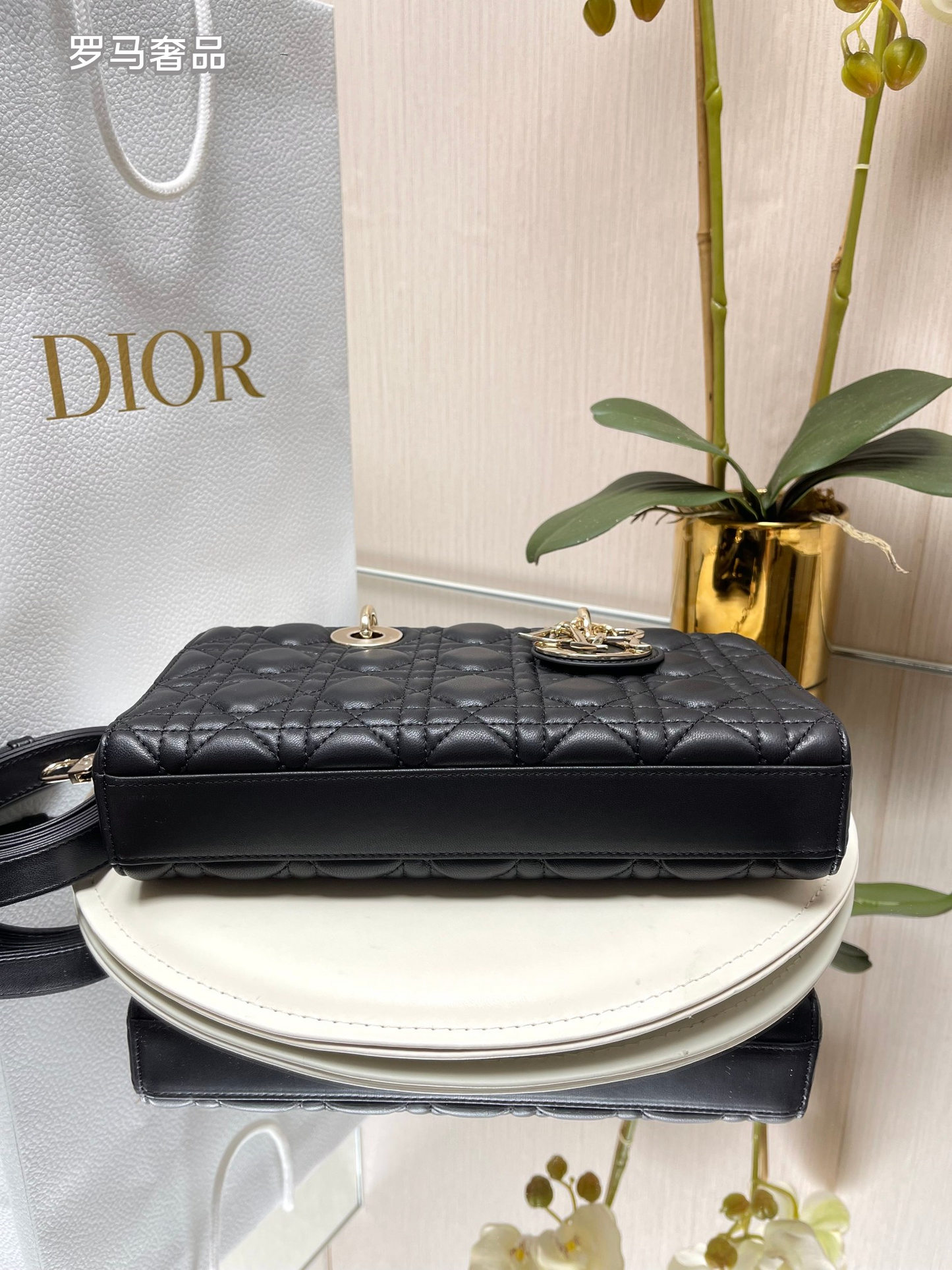Christian Dior Lady D-Joy Bag - Black Cannage Lambskin with Gold-Finish Metal Charms