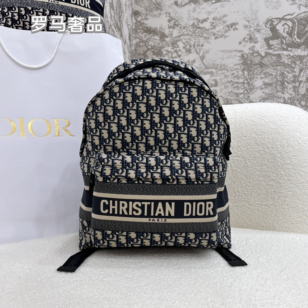Christian Dior Oblique Jacquard Canvas Backpack - Navy Blue & Beige