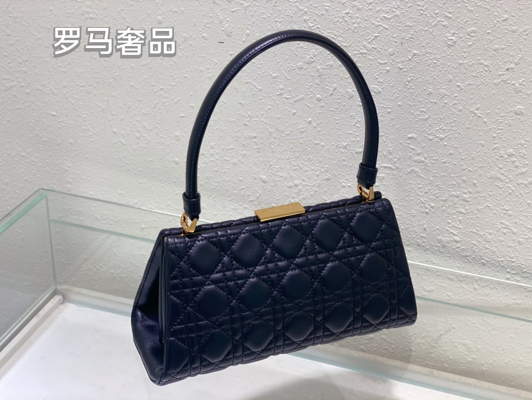 Elegant Navy Blue Quilted Leather Handbag with Top Handle - Classic East-West Designer Style Shoulder Bag for Women