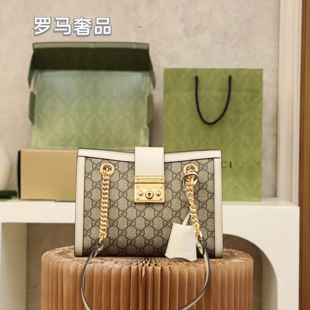 Gucci Padlock Small GG Supreme Shoulder Bag with White Leather Trim