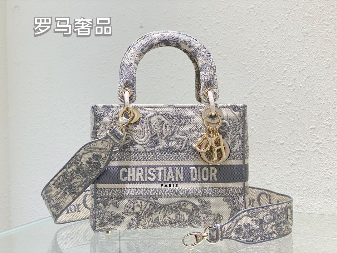 Christian Dior Lady D-Lite Medium Handbag - Grey Embroidered Toile de Jouy