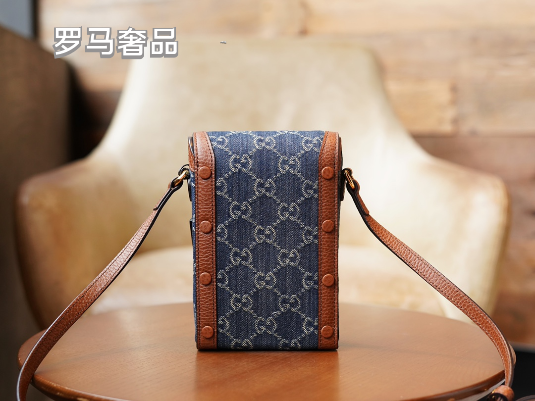 Gucci Horsebit 1955 Mini Shoulder Bag Blue GG Denim with Brown Leather Trim