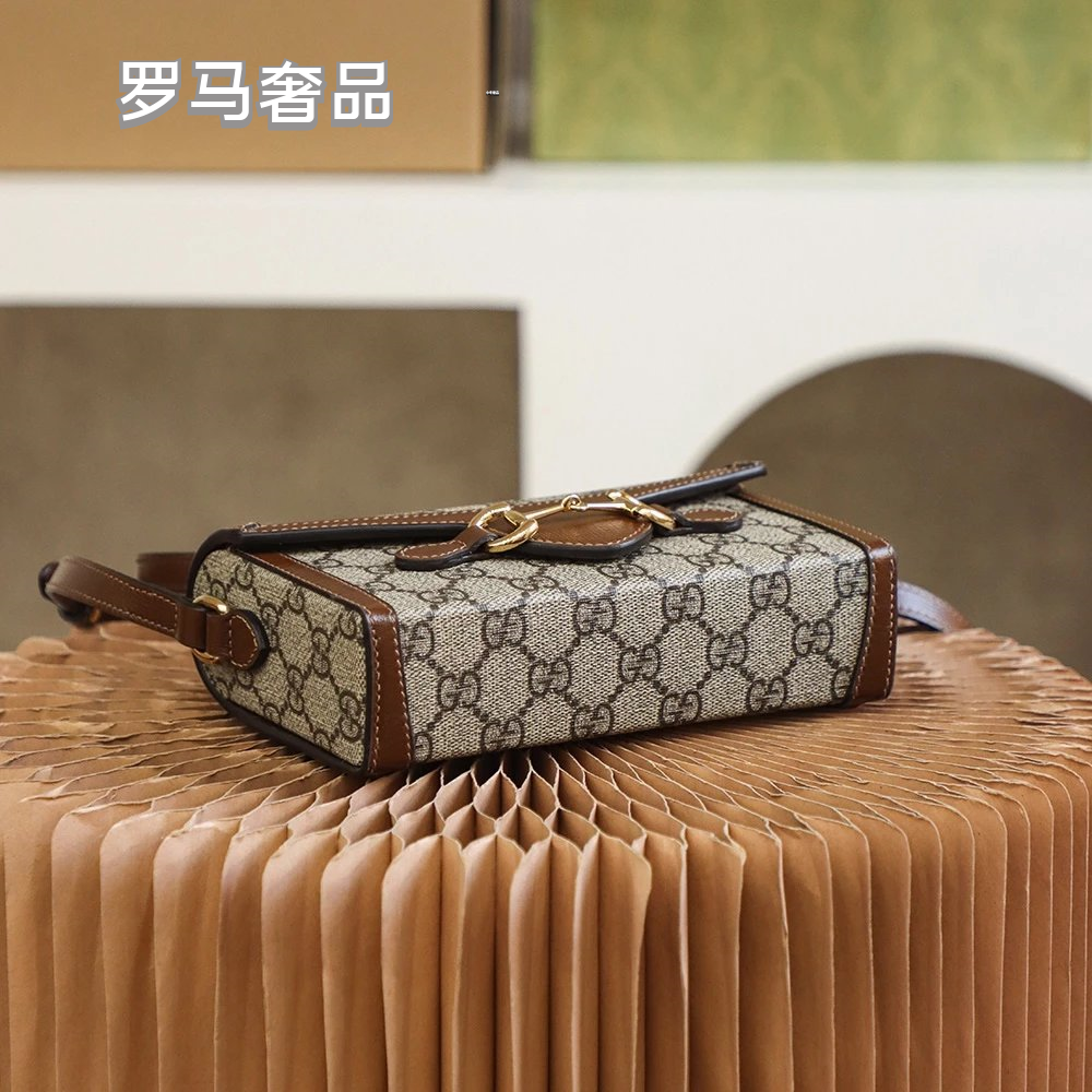 Gucci Horsebit 1955 Mini Shoulder Bag - GG Supreme Canvas with Brown Leather Trim